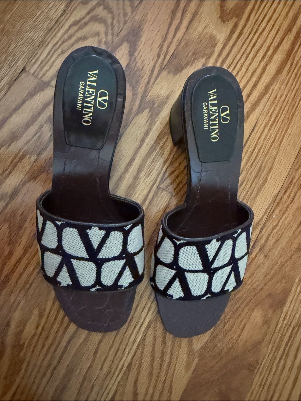 Valentino Garavani Brown & Ivory Patterned Fabric Slide Mules